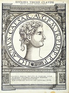 Claudius Caesar, illusztráció az Imperatorum romanorum omnium orientalium et occidentalium verissimae imagines ex antiquis numismatis című kötetből, Rudolph Wyssenbach fametszete, Andreas Gesner nyomdája, Zuric. alkotó: Hans Rudolf Manuel Deutsch